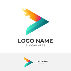 play fire logo, play and fire, combination logo with 3d green and orange color style
