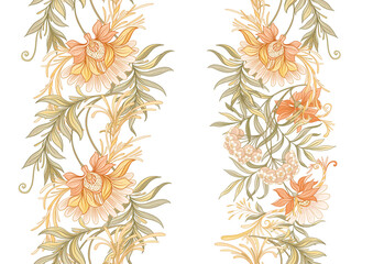 Fototapeta na wymiar Seamless pattern, background with decorative flowers in art nouveau style, vintage, old, retro style. Vector illustration.