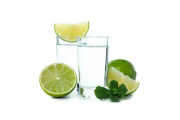 Shots, lime slices and mint isolated on white background