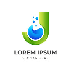 Fototapeta premium letter J lab logo, letter J and bottle, combination logo with 3d blue and green color style