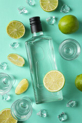 Bottle and shots of vodka, limes and ice on mint background, top view