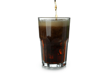 Cola is poured into a glass, isolated on white background