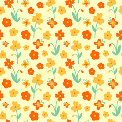 Vector orange and yellow floral pattern in flat style. Flowers and butterflies cute seamless print on yellow background for textile, fabric, wallpaper, wrapping, scrapbooking, design and decoration.