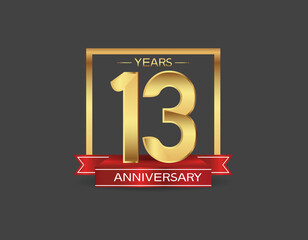 13 years anniversary logo style with golden square and red ribbon isolated on black background for celebration moment