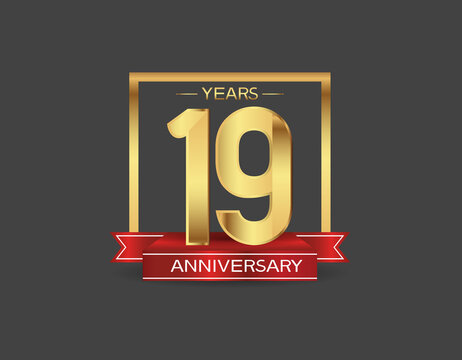 19 years anniversary logo style with golden square and red ribbon isolated on black background for celebration moment