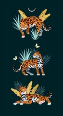 Foto op Plexiglas Vector illustration of cute jaguar and palm leaves © olga_igorevna