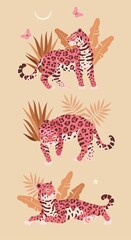 Vector illustration of cute jaguar and palm leaves © olga_igorevna