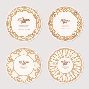 Set of four cercle label, decorative frame, border in art nouveau style, vintage, old, retro style. Tamplate good for product label with place for text. Vector illustration