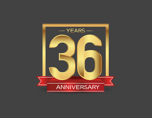36 years anniversary logo style with golden square and red ribbon isolated on black background for celebration moment