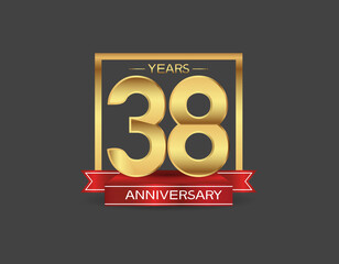 38 years anniversary logo style with golden square and red ribbon isolated on black background for celebration moment