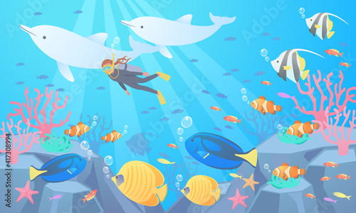 Fototapete 海でスキューバダイビンクをして熱帯魚に見守られながらイルカと一緒に泳いでいる女性のベクターイラスト背景 Honyojima