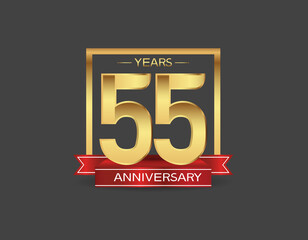 55 years anniversary logo style with golden square and red ribbon isolated on black background for celebration moment