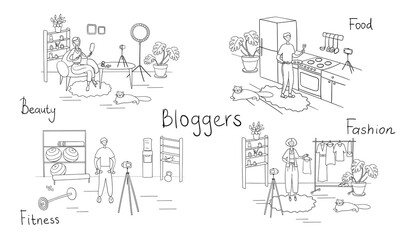 Fototapeta premium Bloggers set. Different vloggers shoot videos for their followers. Influencers create content for their blog channel. Cartoon vector illustration