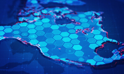 Digital hexagons in North America Map.