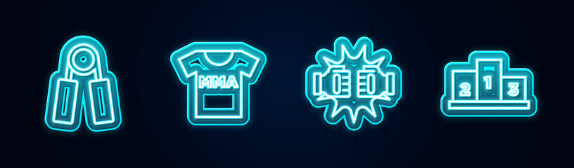 Set line Sport expander, T-shirt with fight club MMA, Punch in boxing gloves and Award over sports winner podium. Glowing neon icon. Vector.