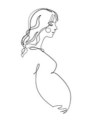 Profile of a pregnant woman, drawing with one continuous line. Minimalist sketch of pregnancy, mom with tummy side view. Aesthetic vector illustration in modern graphic design.