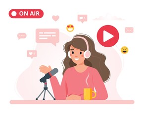 Naklejka na ściany i meble Female podcaster talking to microphone recording podcast. Concept vector illustration in flat style