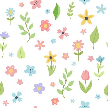 Easter spring pattern with cute flowers and leaves. Hand drawn flat cartoon elements. Vector illustration