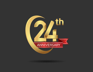 24 years anniversary logo style with swoosh ring golden color and red ribbon isolated on black background for company celebration