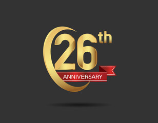 Fototapeta na wymiar 26 years anniversary logo style with swoosh ring golden color and red ribbon isolated on black background for company celebration