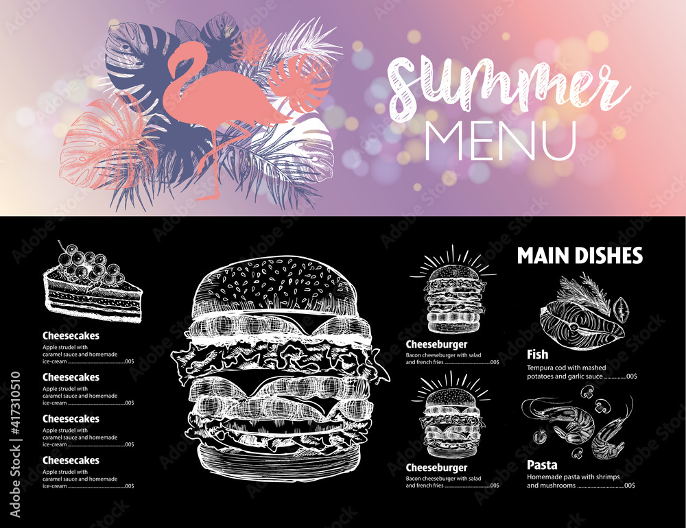 Canvas Prints Summer menu. Restaurant food menu design, hand drawn illustrations, vector food flyer.	