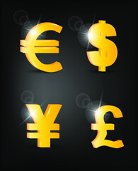 Set of volumetric icons of currencies: dollar, euro, yen and pound on a black background. The current currency symbol. 3d vector illustration