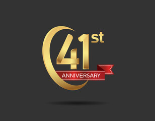 Obraz premium 41 years anniversary logo style with swoosh ring golden color and red ribbon isolated on black background for company celebration