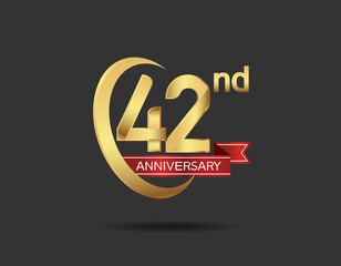 42 years anniversary logo style with swoosh ring golden color and red ribbon isolated on black background for company celebration
