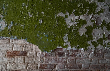 background from the old wall of the building. Brick wall with green paint on top.