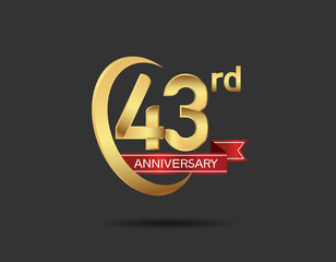 43 years anniversary logo style with swoosh ring golden color and red ribbon isolated on black background for company celebration