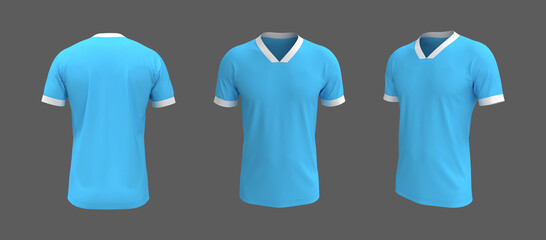 men's short-sleeve t-shirt mockup in front, side and back views, design presentation for print, 3d illustration, 3d rendering