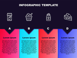 Set line Jam jar, Ice cream in bowl, Jar of sugar and Piece cake. Business infographic template. Vector.