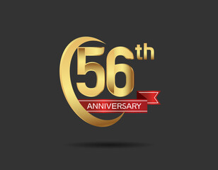 56 years anniversary logo style with swoosh ring golden color and red ribbon isolated on black background for company celebration