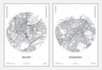 Travel poster, urban street plan city map Belfast and Edinburgh, vector illustration