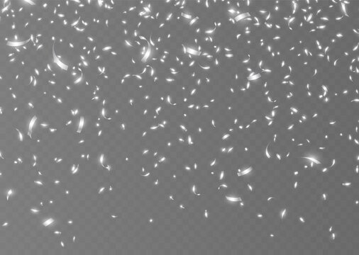 Falling silver confetti, shiny tinsel, and pieces of serpentine, abstract party background. Christmas decoration isolated on dark transparent backdrop. Realistic vector illustration.