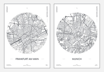 Naklejka premium Travel poster, urban street plan city map Frankfurt am Main and Munich, vector illustration