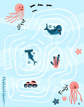 Puzzle game template with jellyfish in the ocean illustration. Sea world, shark, seaweed, seashells. Children's maze