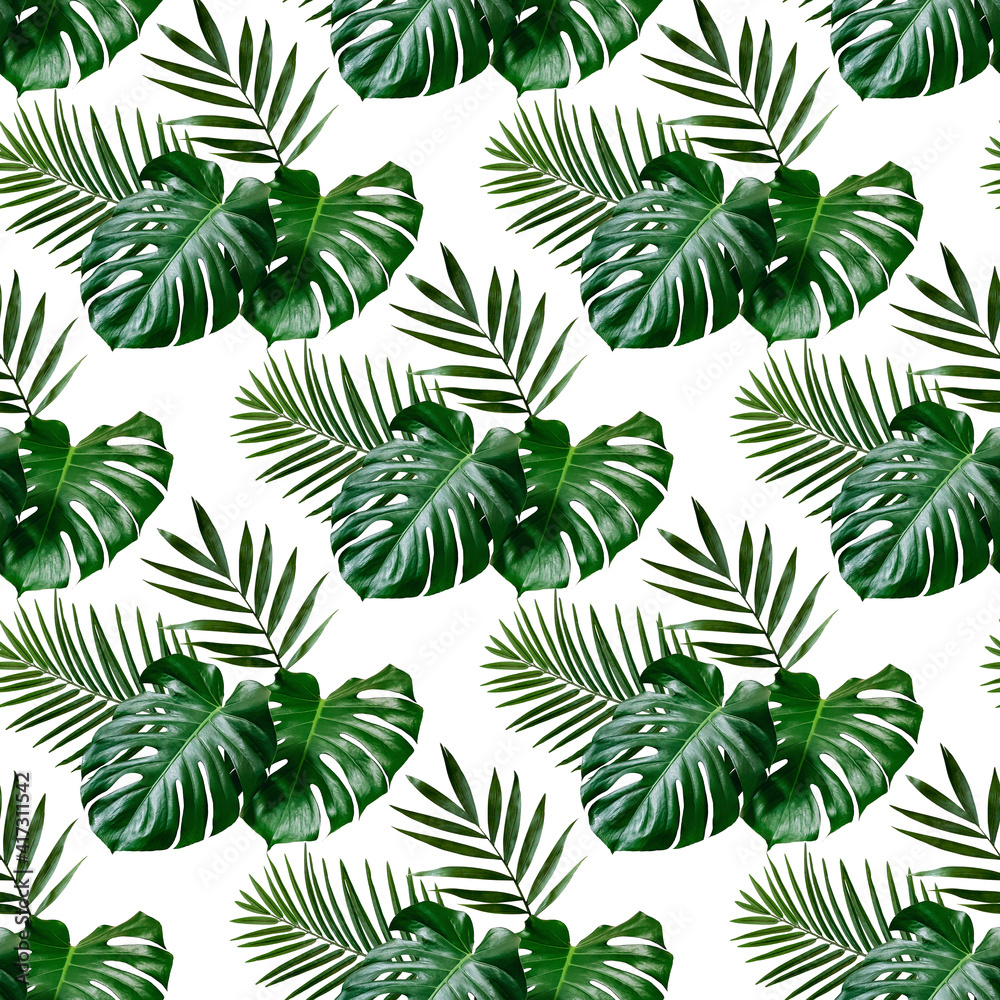 Wall mural Seamless tropical pattern on a white background. Monstera Leaves.
Seamless print for fabric, wallpaper and other promotional materials. 