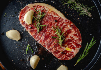 Raw fresh beef steak with olive oil, Colorful pepper, garlic and the rosemary leaf fresh on in the black tray on the wooden table, Top view.