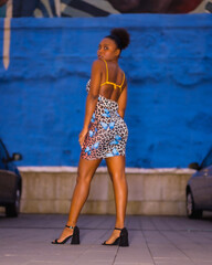 Naklejka premium Fashionable urban style with an African girl on a city street at night. short colorful leopard dress