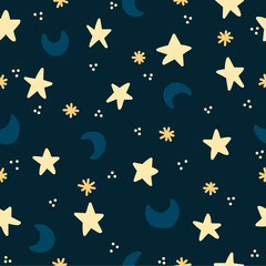 Fototapeta premium Seamless pattern of a night sky with yellow stars blue moons and dark blue background for a minimal and child design