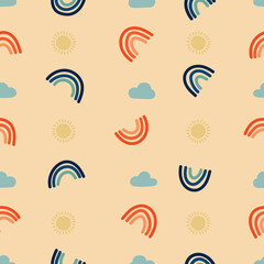 Seamless pattern of blue and orange rainbow with blue clouds and yellow sun with beige background and with a minimal and trendy style