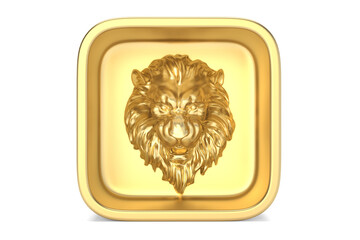 Gold Lion head with gold box Isolated On White Background, 3D rendering. 3D illustration.
