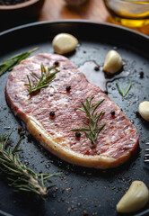 Raw fresh beef steak with olive oil, Colorful pepper, garlic and the rosemary leaf fresh on in the black tray on the wooden table, Top view.