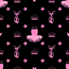 vector seamless pattern featuring tutu, pointe shoes, crowns and flowers © Nataliia Kheilo