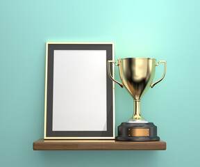 Gold trophy and photo frame on shelf realistic side view composition, 3D rendering. 3D illustration. - 417312763