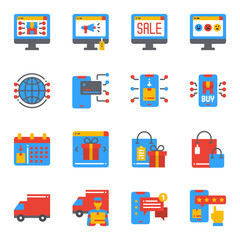 Online Shopping Icons Flat Color Vector  Illustration, Sale, Business, Payment, Delivery, Online Shop