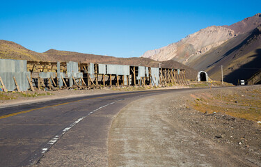 View of road at pass (El Paso internacional Los Libertadores) in Andes mountains, on border of Argentina and Chile