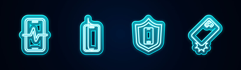 Set line Phone repair service, Glass screen protector, Mobile with shield and Shockproof phone. Glowing neon icon. Vector.