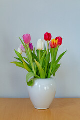 Multicolored Dutch tulips arrangement in gray vase